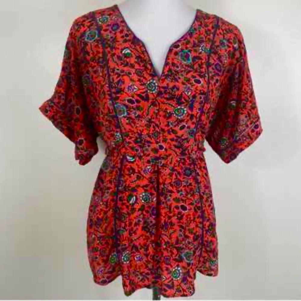 Maeve Anthropologie 'Maes' Silk V Neck Tie Waist Tunic Red Orange Floral Boho